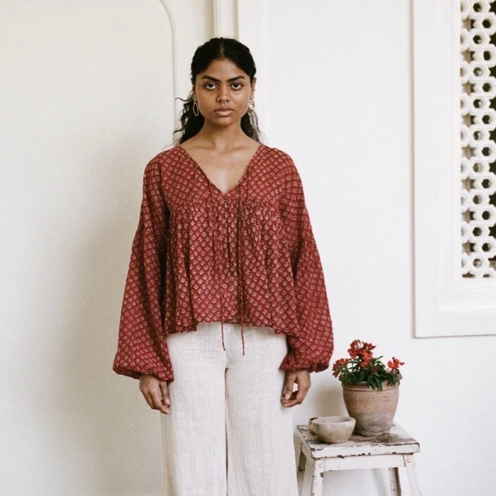 Daughters of India Burgundy Floral Billowy Peasant Blouse - Picture 2 of 13